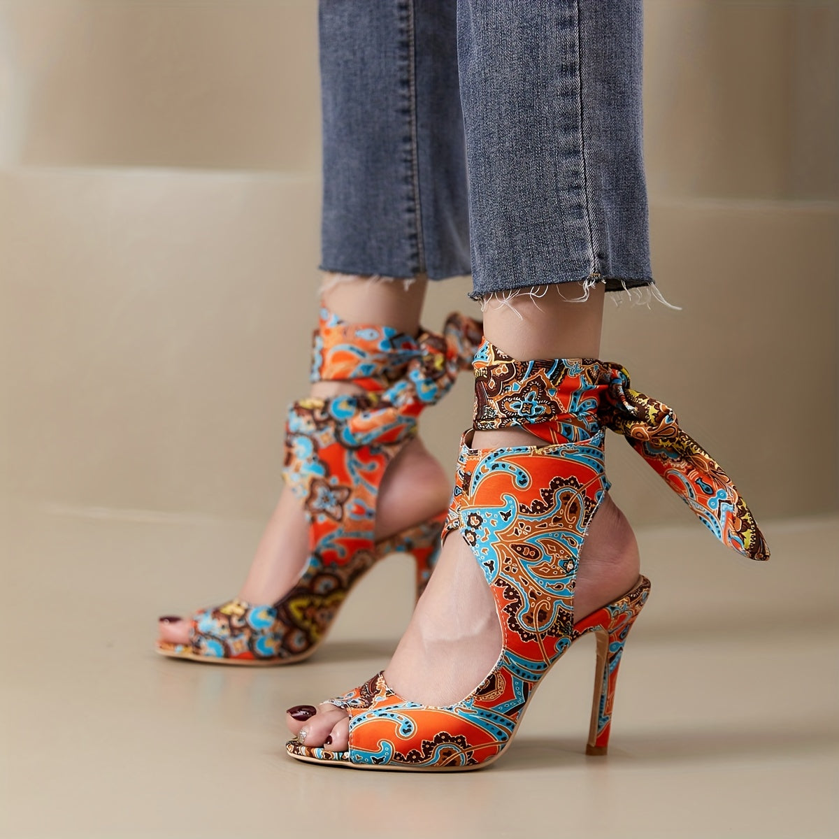 Tribal Style Lace Up High Heels Peep Toe Sandals
