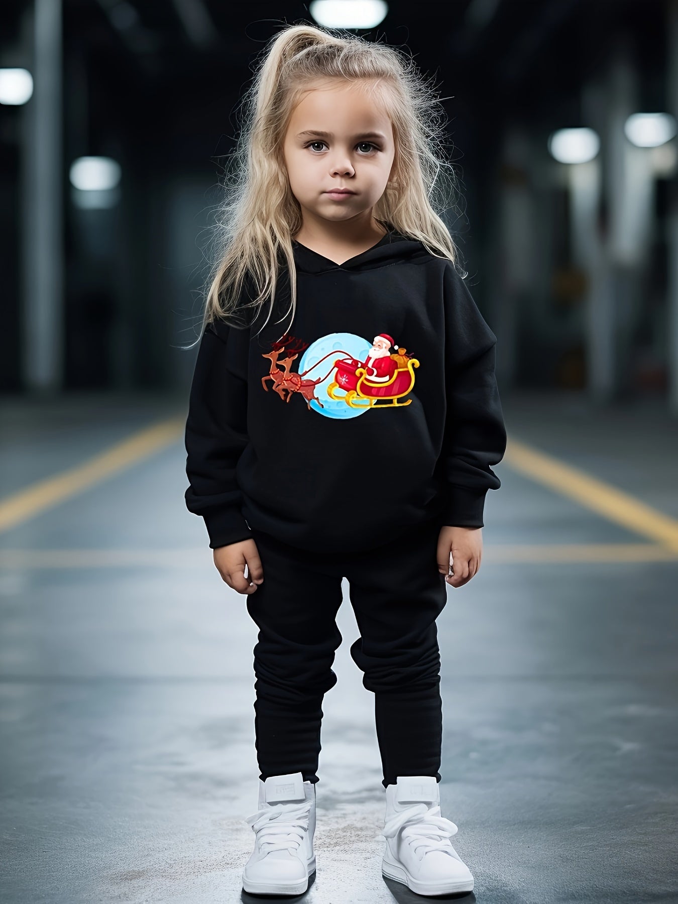 Girls Cartoon Santa Claus Hoodie Sweatshirt & Sweatpants Set