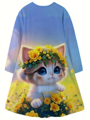 Girls Sunflower & Kitty Graphic Long Sleeve Dress Spring Fall