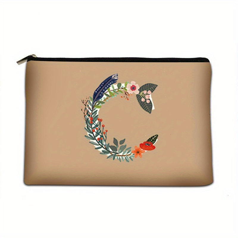 Floral Pattern Cosmetic Bag with Letter Detail Zipper