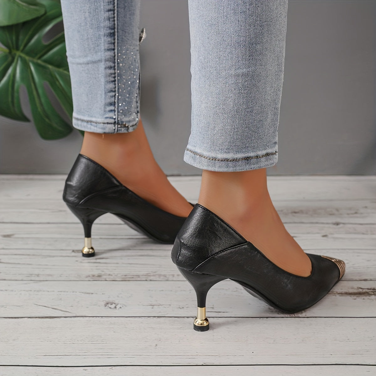 Women's Point Toe Stiletto Heel Shoes Slip On Sexy Professional Metal Decor