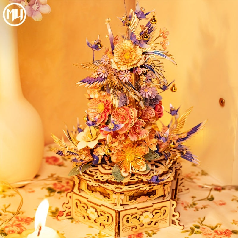 MU Metal Puzzle Model DIY Music Box Rotating Table with Drunken Flowers