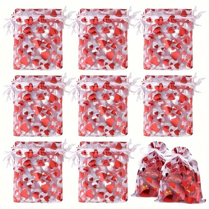 30pcs Red Heart Bags Mesh Drawstring For Christmas Wedding Favor Gift Bag