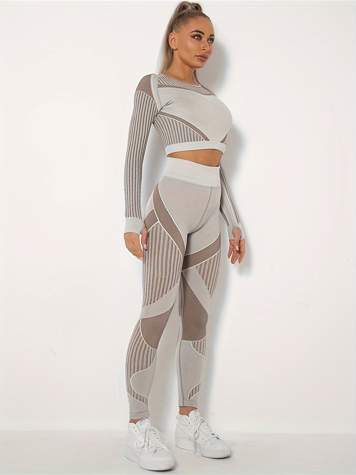 Yoga Set 2 Piece Crop Top & Leggings Stripe Hollow Out Workout Suit