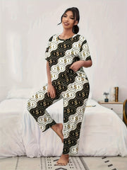 Cash Graphic Pajama Set Women's Short Sleeve Tshirt & Pants Loungewear