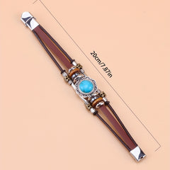 Green Turquoise Beaded Leather Bracelet Stainless Steel Buckle