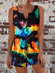 Tie Dye Drawstring Waist Romper Jumpsuit Casual Sleeveless