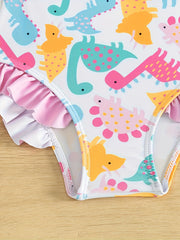 Dino Print 2pc Swimsuits Splicing Top & Ruffle Shorts Girls