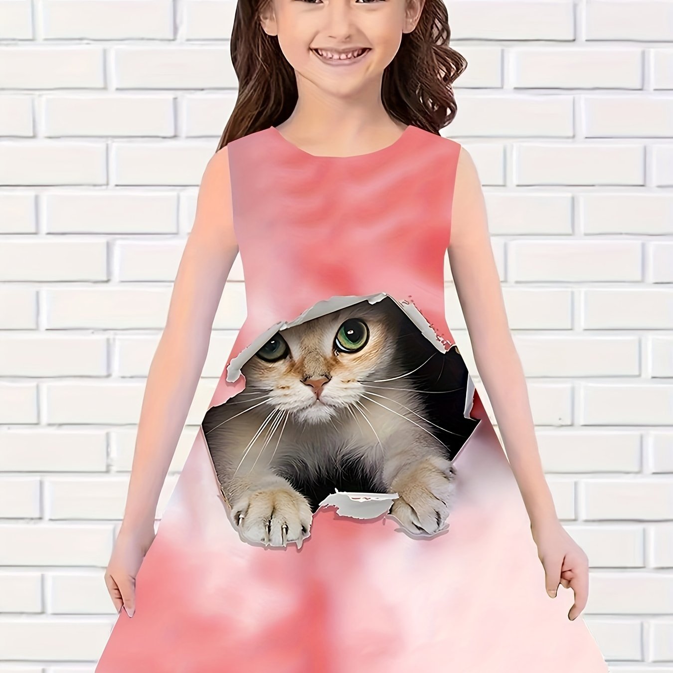 Girls Kitty Graphic Sleeveless Dress for Summer