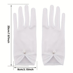 Short Satin Gloves with Faux Pearl Inlay for Bride