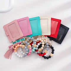 Men's Silicone Bead Bracelet Card Holder with Tassel Keychain