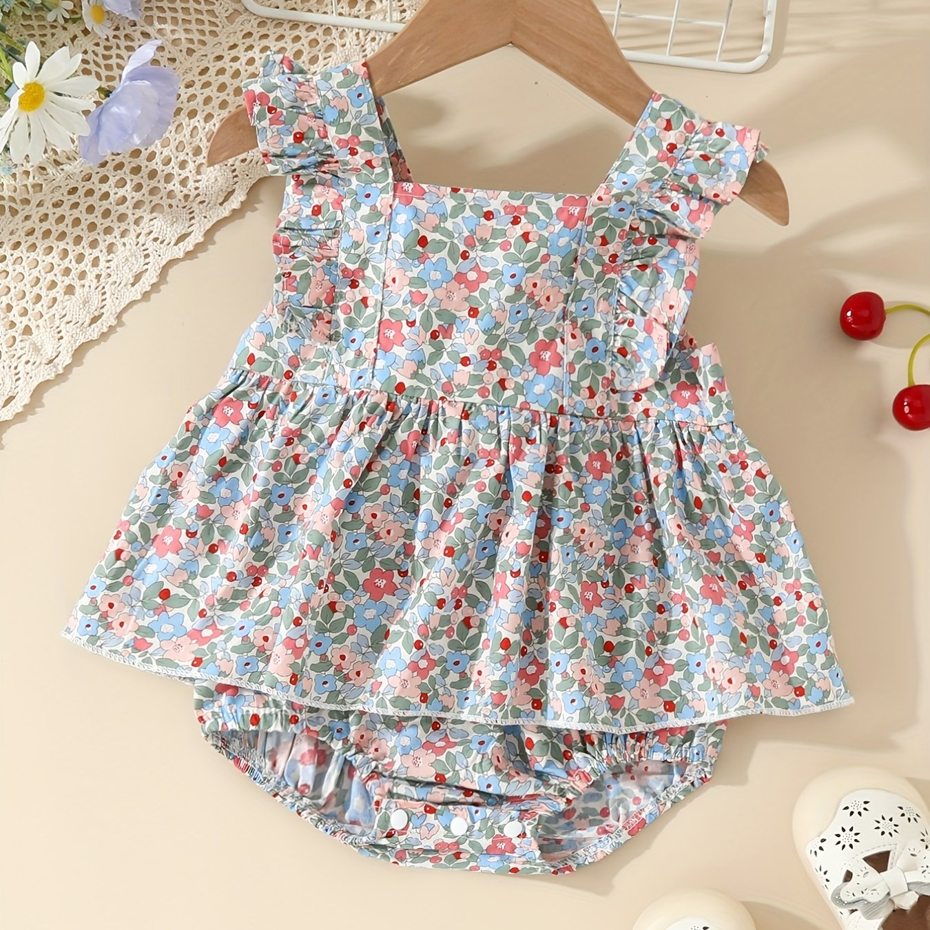 Baby Girls Floral Print Ruffle Sleeve Onesie Dress