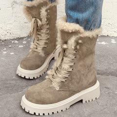 Women's Chunky Heel Plush Boots Lace Up Outdoor Boots