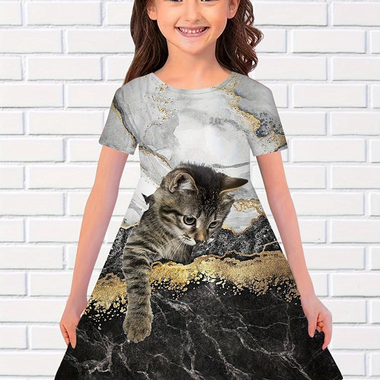 Gorgeous 3D Cat Print Short Sleeve Dress Summer Clothes