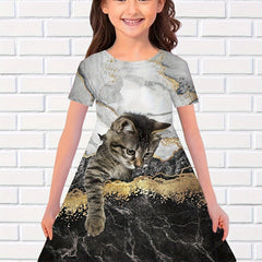 Gorgeous 3D Cat Print Short Sleeve Dress Summer Clothes