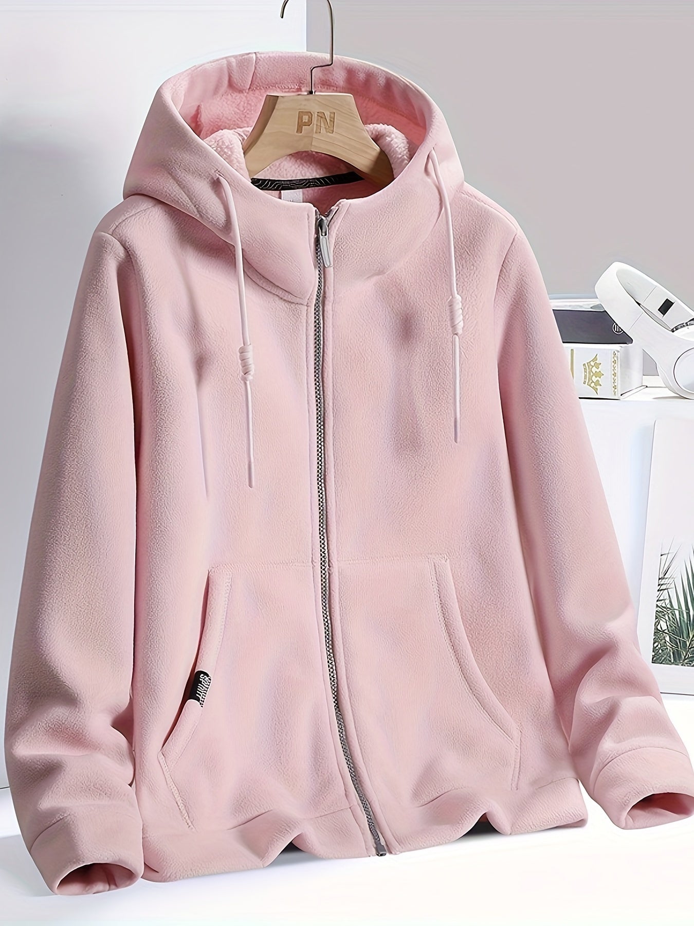 Warm Fleece Hooded Jacket with Zipper Pocket