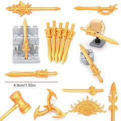 8pcs Golden Weapon Set Toy Accessories Golden Hammer Peacock Fan Boomerang