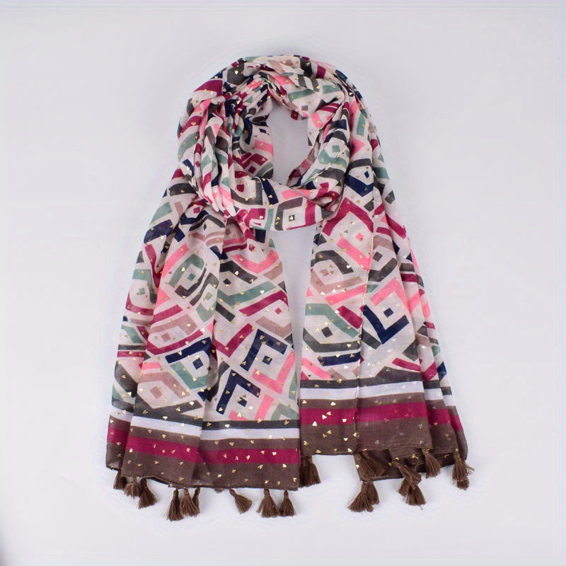 Boho Geometric Print Tassel Scarf - Vintage Style Shawl