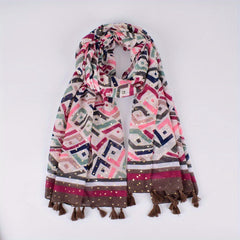 Boho Geometric Print Tassel Scarf - Vintage Style Shawl