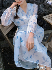 Floral Print Surplice Neck Dress Chiffon Long Sleeve