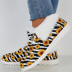 Daisy & Striped Pattern Non-slip Walking Sneakers Comfortable Warm Sport Shoes