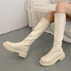 Chunky Heel Knee High Boots for Women Faux Leather Knight Boots