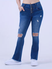 Ripped Button Fly Fringe Trim Jeans