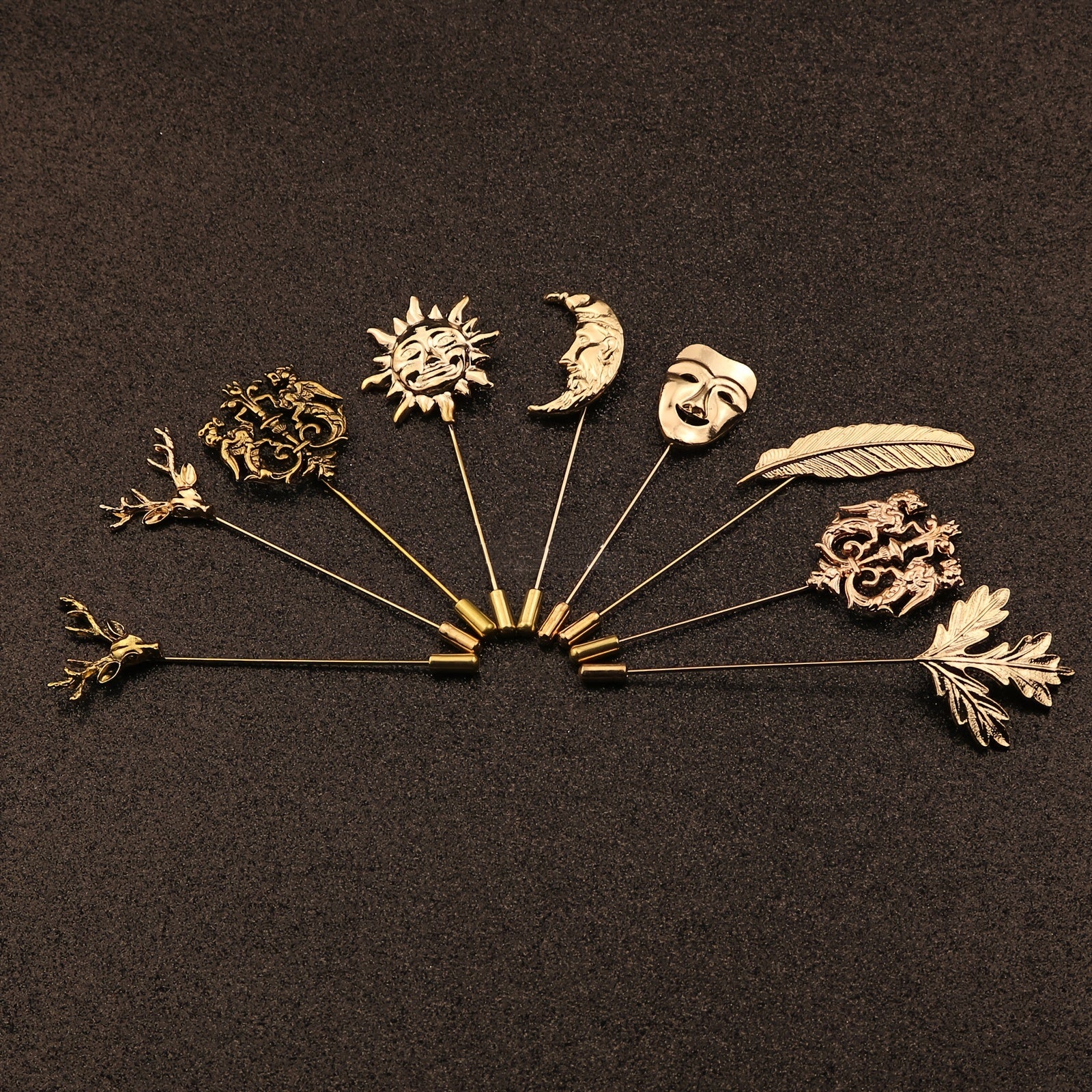 Vintage Men's Suit Plug-in Brooch Deer Lion Rabbit Sun Moon Long Needle