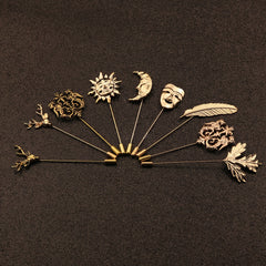 Vintage Men's Suit Plug-in Brooch Deer Lion Rabbit Sun Moon Long Needle