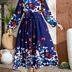 Women's Plus Butterfly & Floral Print Long Sleeve Round Neck Maxi Dress