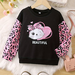 Girls Pink Leopard & Bow Cat Graphic Long Sleeve T Shirt