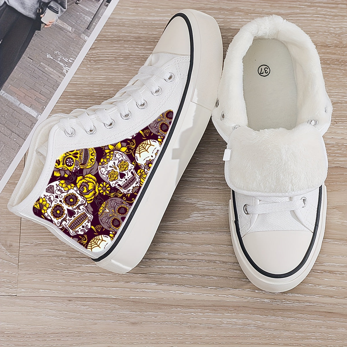 Skull Print Plush Lined Thermal Chunky Canvas Sneakers