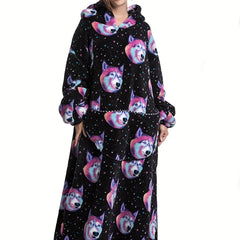 Dog Print Fuzzy Lounge Robe Hooded Robe Women's Loungewear