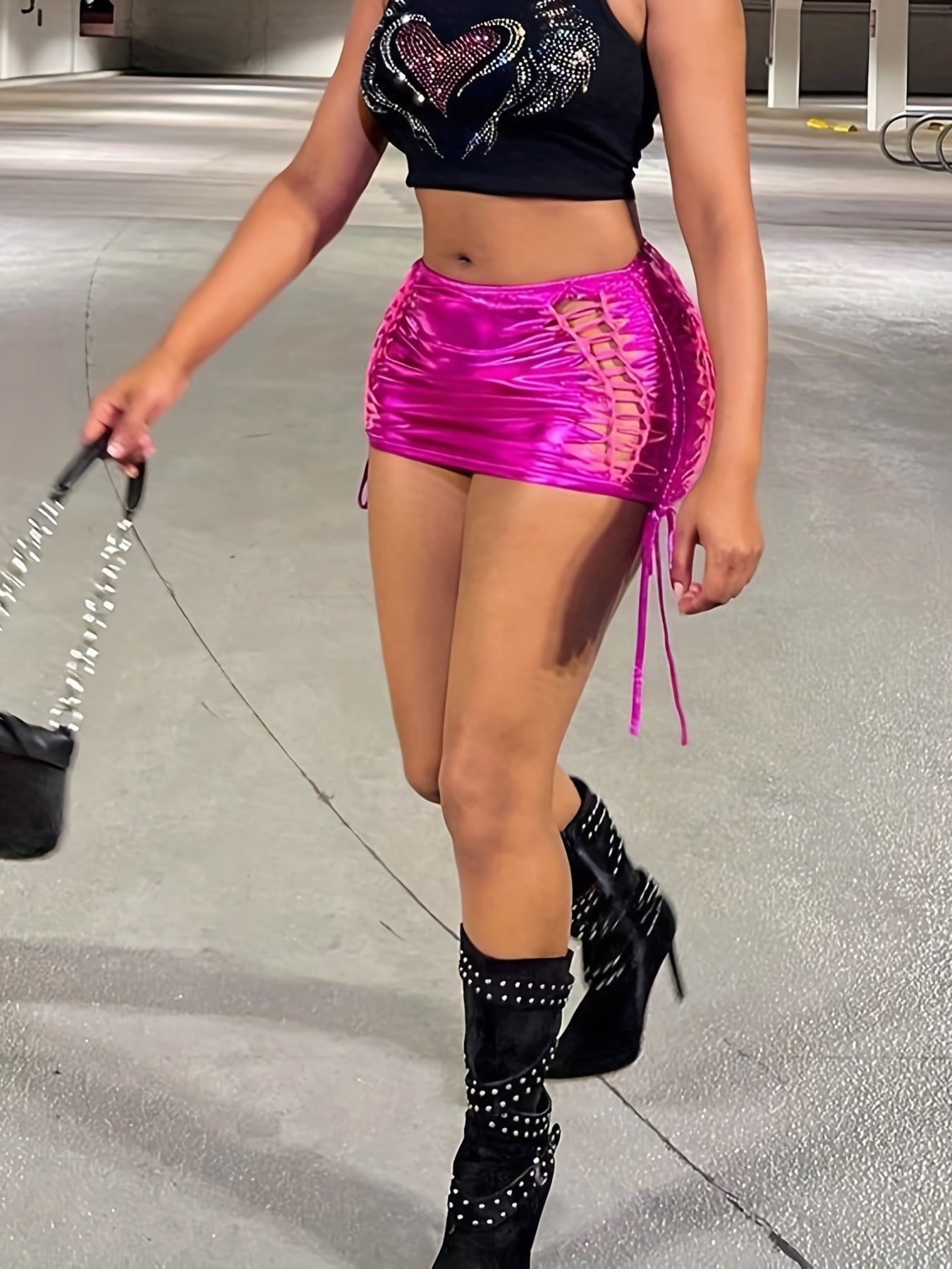 Y2K Metallic Lace Up Side Drawstring Cut Out Skirt Sexy High Waist