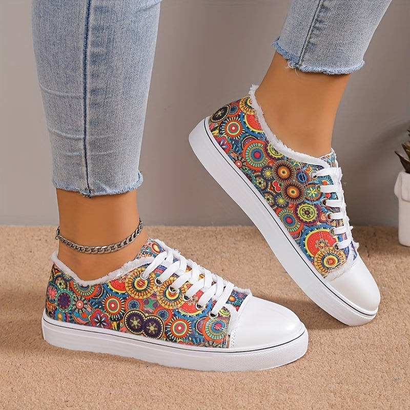 Women's Skull Print Canvas Shoes Low Top Lace Up Round Toe Sneakers