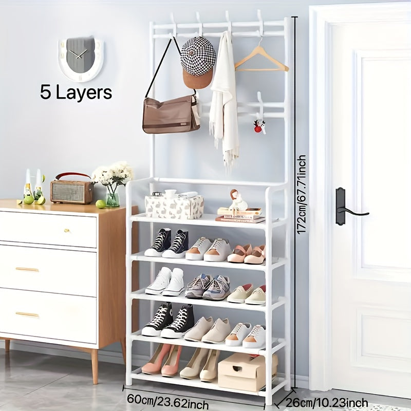 Entrance Coat Rack Foyer Shoe Rack w/ Storage Shelves & Hooks