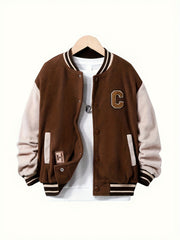 Kid's Preppy Style Fleece Varsity Jacket Letter C Patched Warm Coat