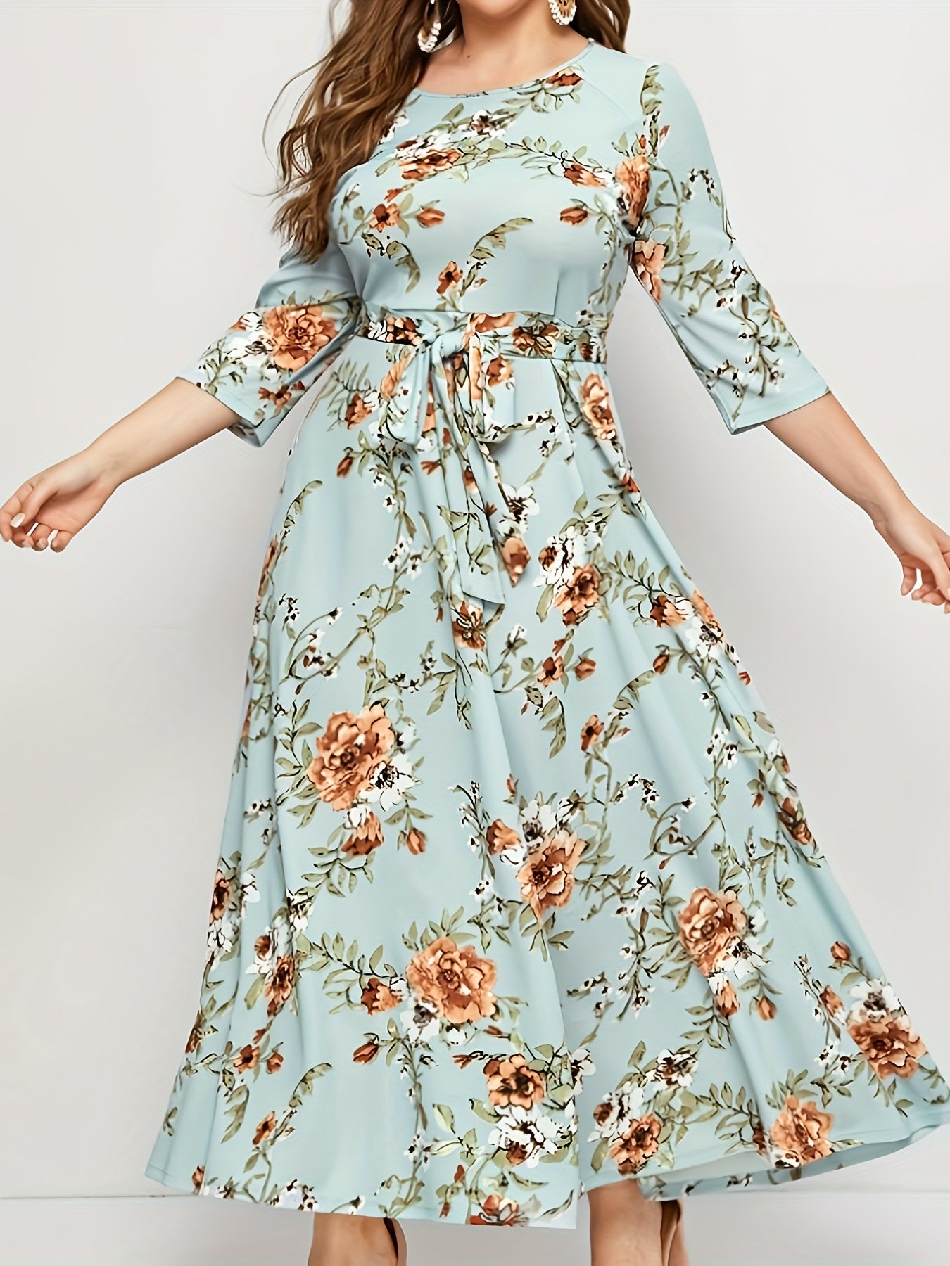 Floral Print Maxi Dress with Belt for Plus Size Women