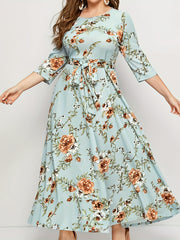 Floral Print Maxi Dress with Belt for Plus Size Women