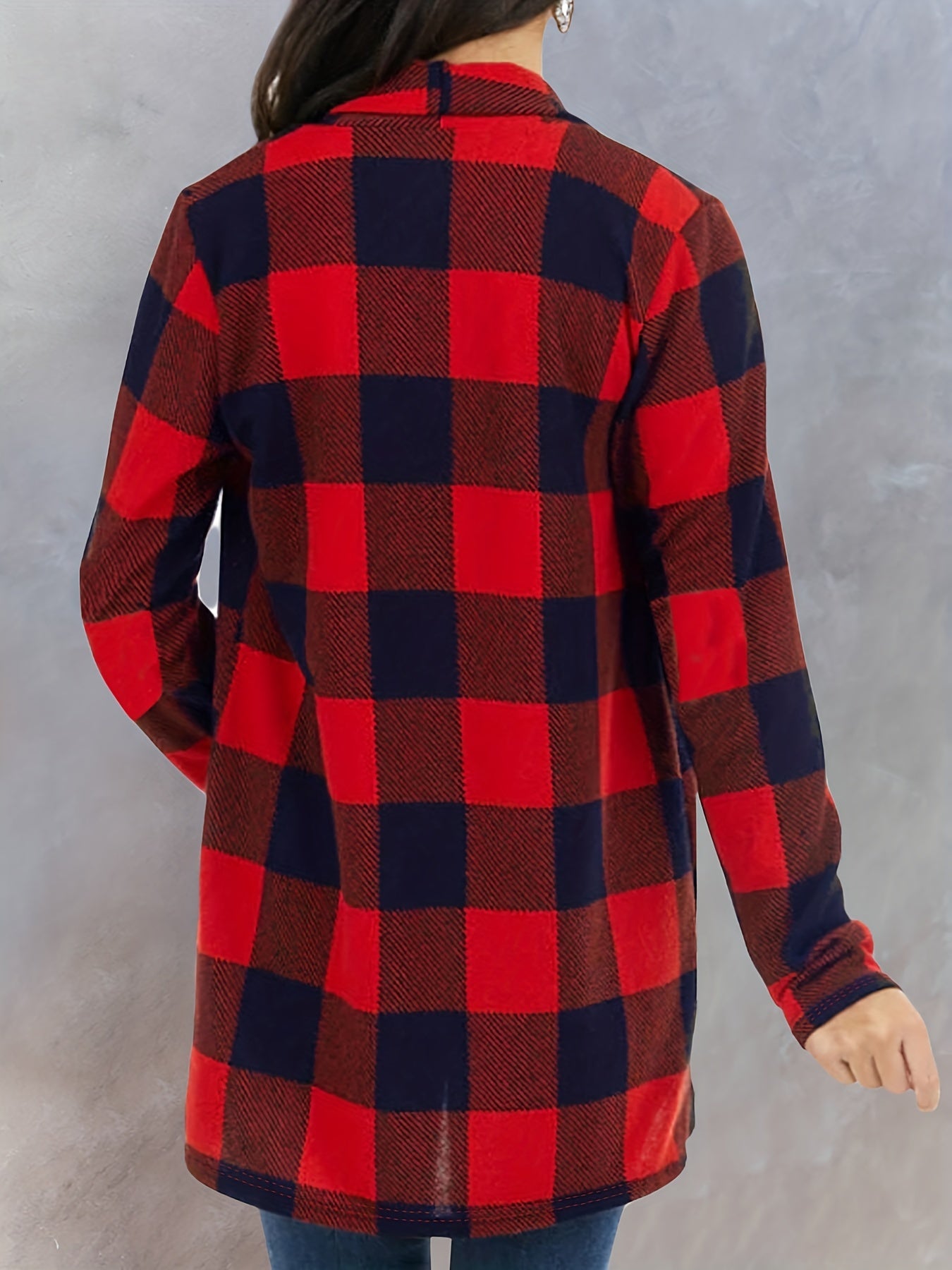 Plaid Print Cardigan Open Front Long Sleeve