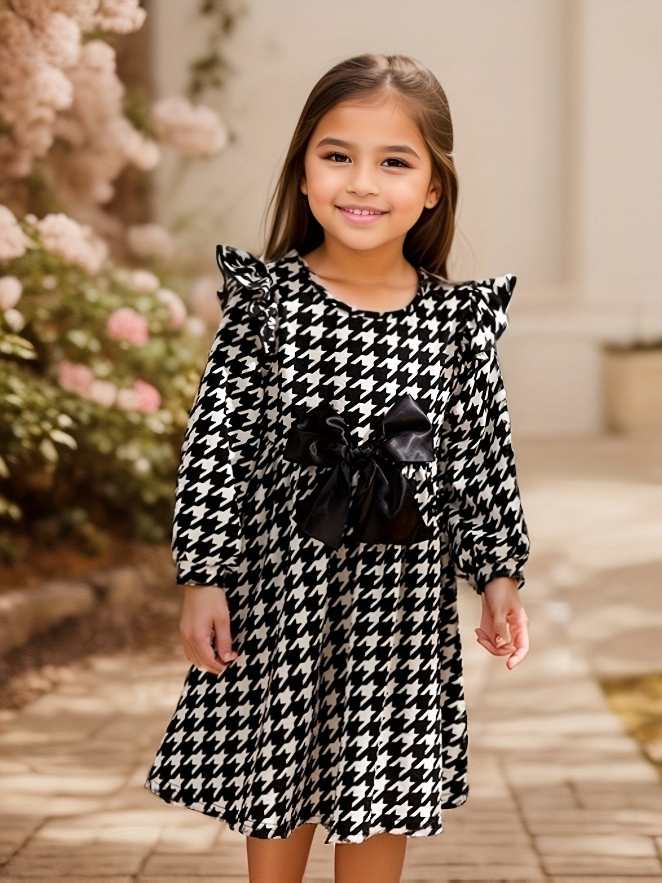 Girl's Houndstooth Bow Midi Dress