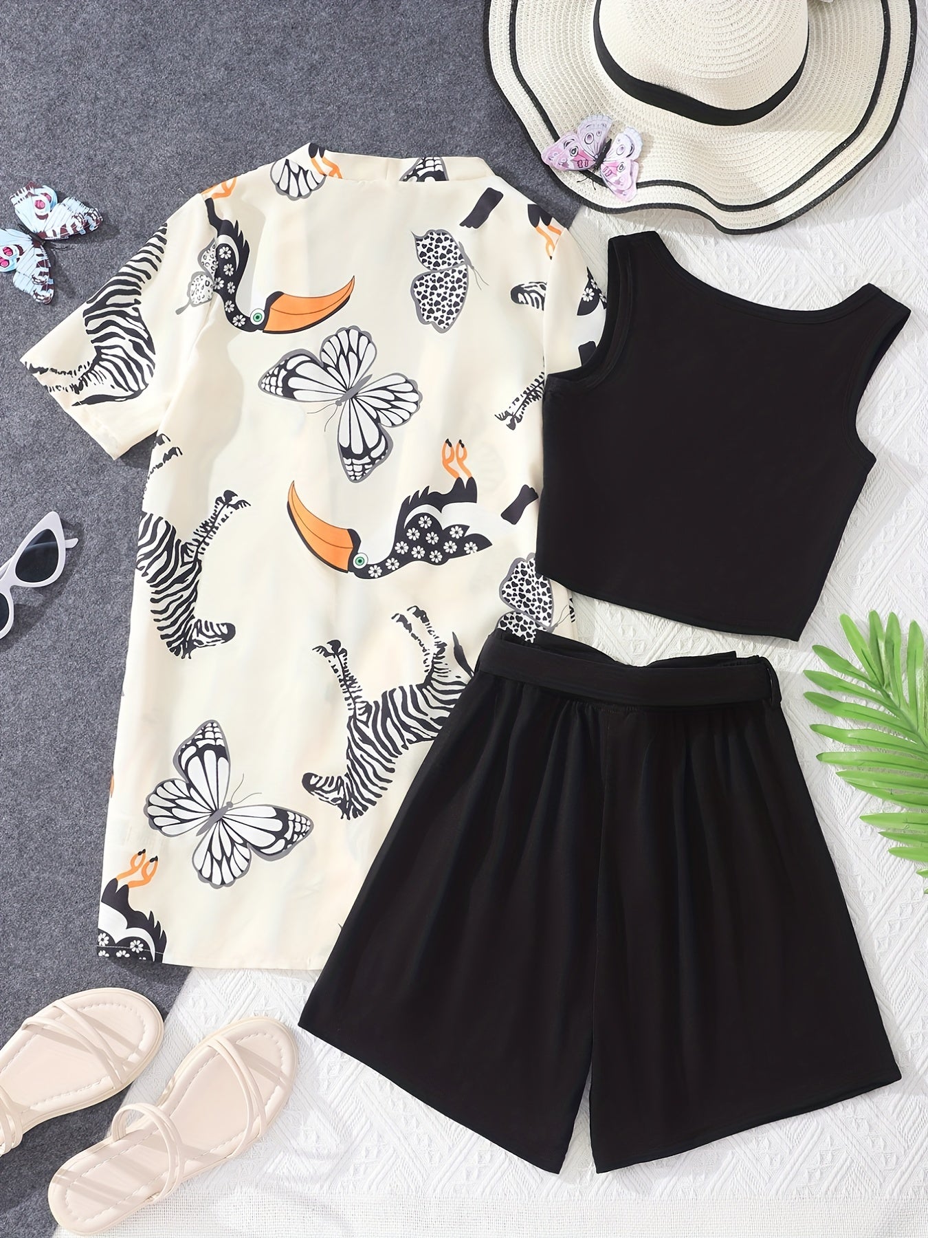 Girl's 3pcs Cartoon Animal Print Set Short Sleeve Top Casual Outfit