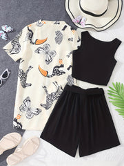 Girl's 3pcs Cartoon Animal Print Set Short Sleeve Top Casual Outfit