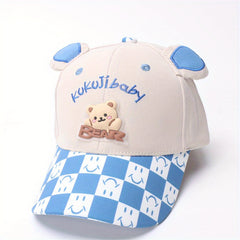 Kids Cartoon Bear Baseball Cap with Plaid Pattern for Outdoor Play
