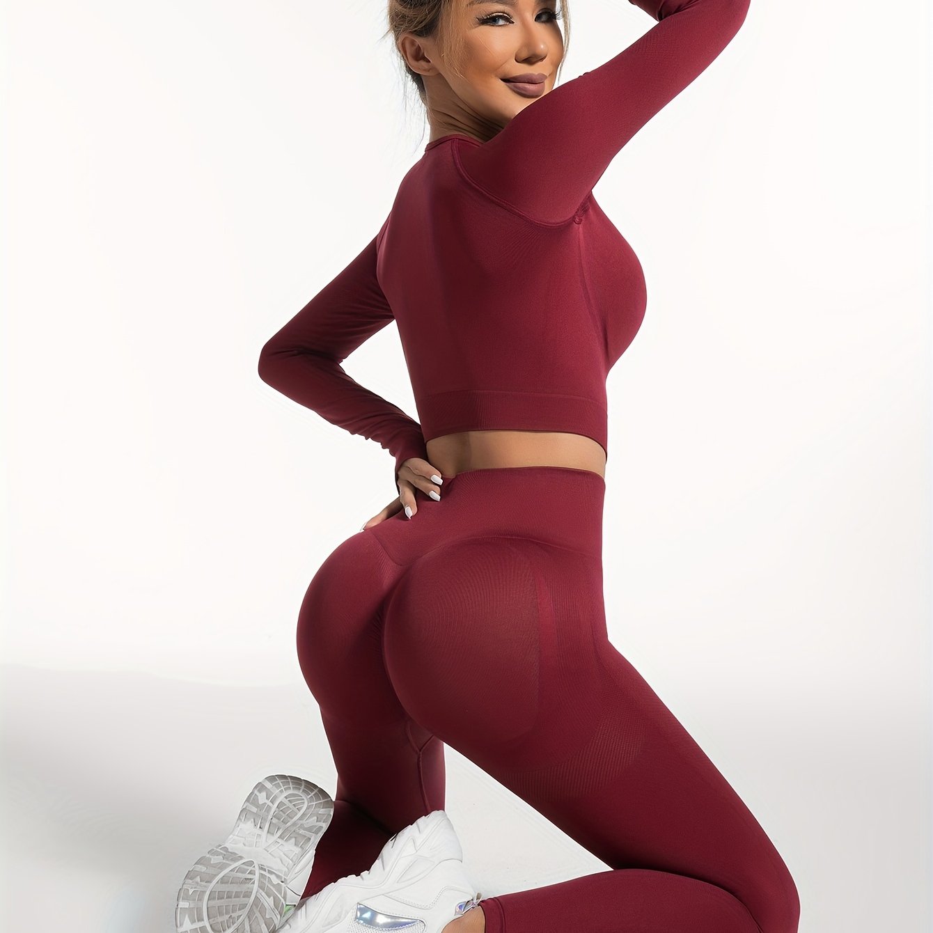 Women's Yoga Sports Suits Seamless Stretchy Fitness Long Sleeve Top & Leggings