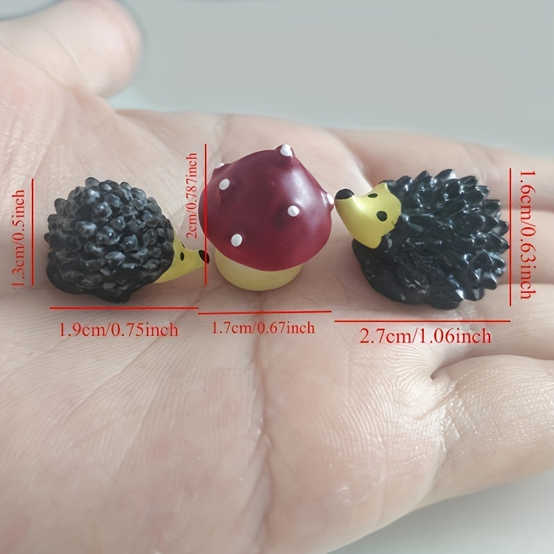 3pcs Mushroom Hedgehog Animal Resin Micro Landscape Ornament