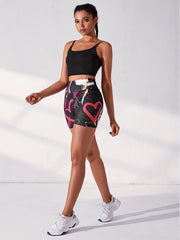 Heart Graffiti Print High Waist Yoga Sports Shorts Women's Activewear