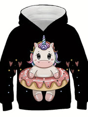 Boy's Cartoon Pony Print Hoodie Slightly Stretch Hooded Sweatshirt
