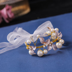 Adjustable Faux Pearl & Leaf Decor Bracelet for Bridal Wedding Parties