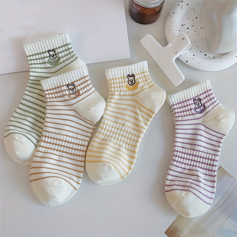 4 Pairs Stripe & Bear Pattern Socks Ribbed Short Socks Women's Stockings